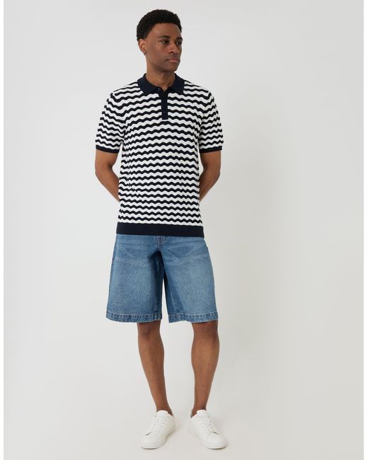 Threadbare Blue Wavy Textured Knitted Polo for men