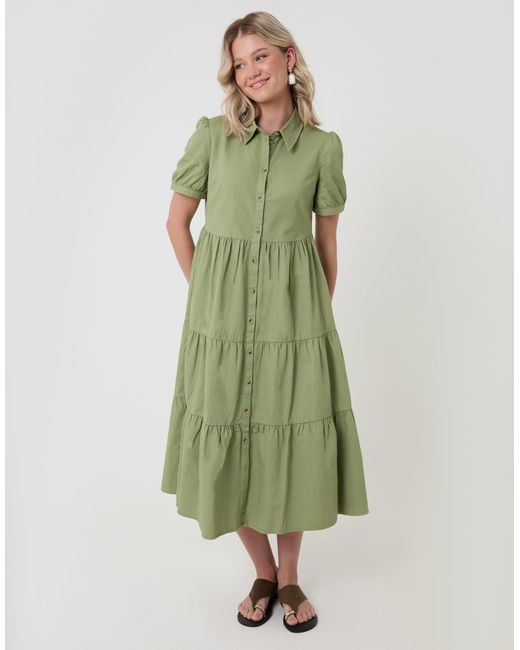 Threadbare Green Denim Puff Sleeve Shirt Dress
