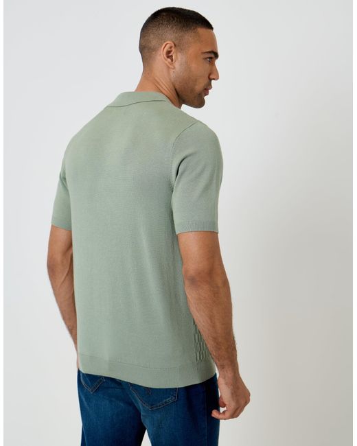 Threadbare Green Textured Knit Quarter Zip Polo for men