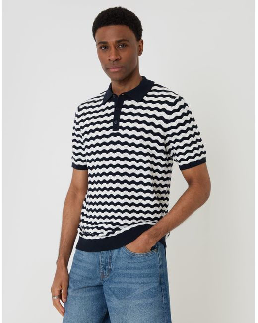 Threadbare Blue Wavy Textured Knitted Polo for men