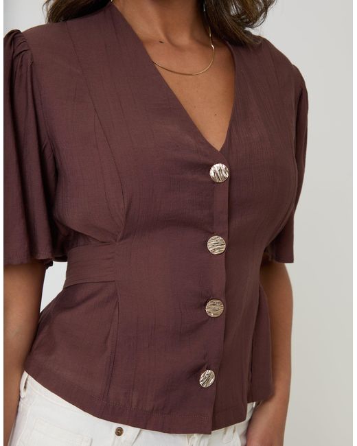 Threadbare Brown Flutter Sleeve Tie-Back Top