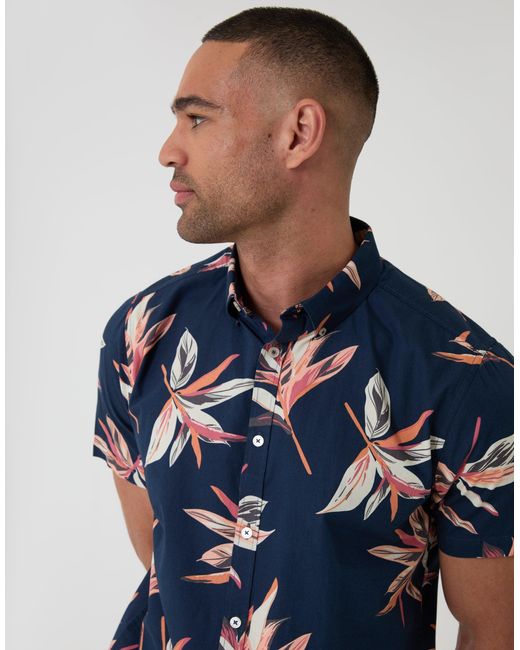 Threadbare Blue Tropical Leaf Print Cotton Short Sleeve Shirt for men
