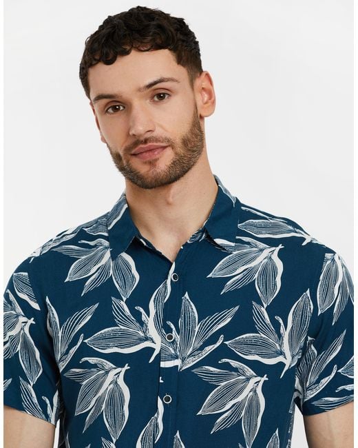 Threadbare Blue Leaf Print Short Sleeve Shirt for men