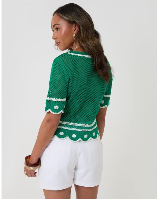 Threadbare Green Crochet Flower Hem Button Up Top