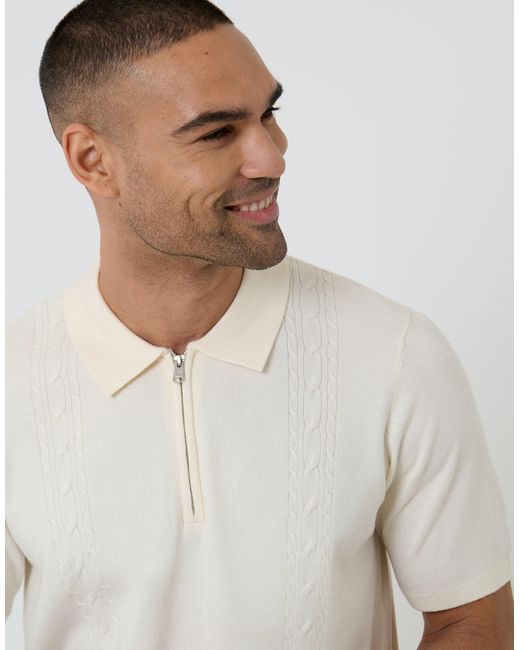 Threadbare White Cable Knit Quarter Zip Polo for men