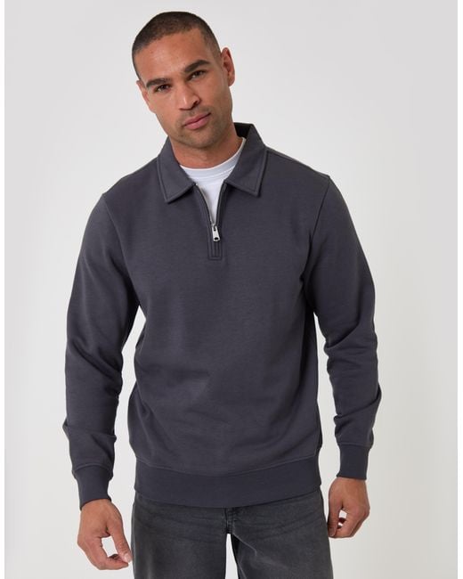 Threadbare Blue Cotton Rich Quarter Zip Polo Sweatshirt for men
