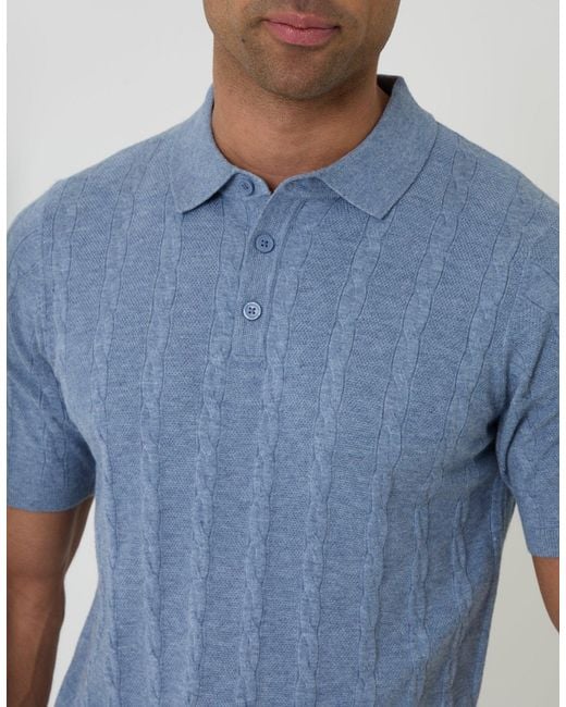 Threadbare Blue Cable Stripe Knitted Button Polo for men