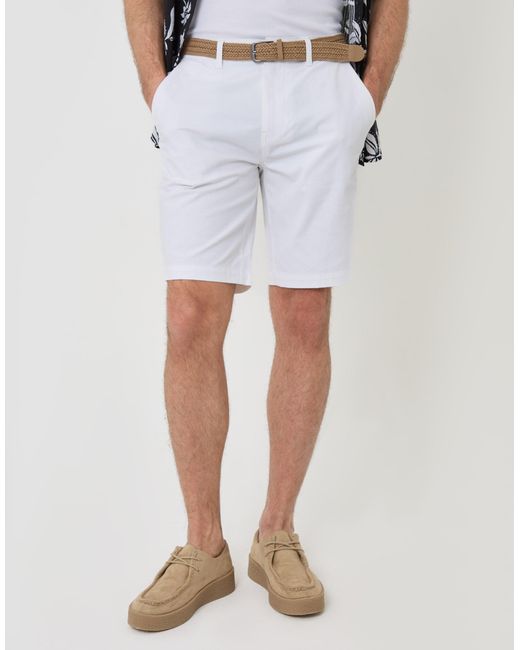 Threadbare White Belted Chino Shorts for men