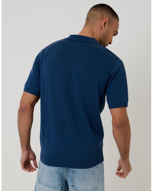 Threadbare Blue Diamond Cable Knit Quarter Zip Polo for men