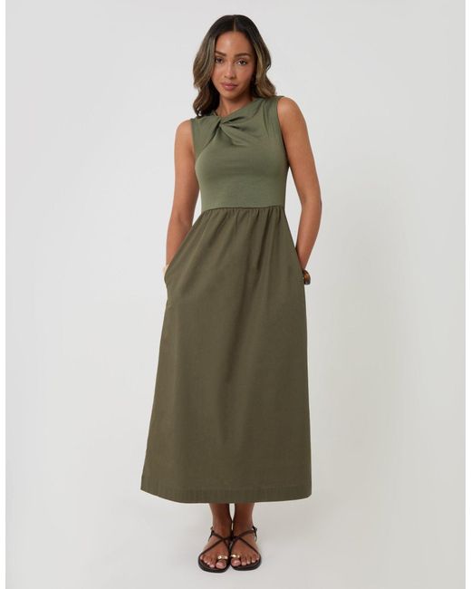 Threadbare Green Twist Detail 2-In-1 Midi Dress With Poplin Skirt