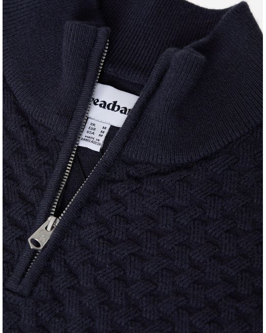 Threadbare Blue Textured Cable Knit Quarter Zip Jumper for men