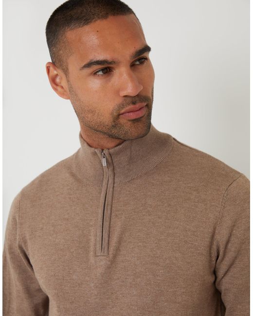 Threadbare Brown Funnel Neck Quarter Zip Knitted Jumper for men