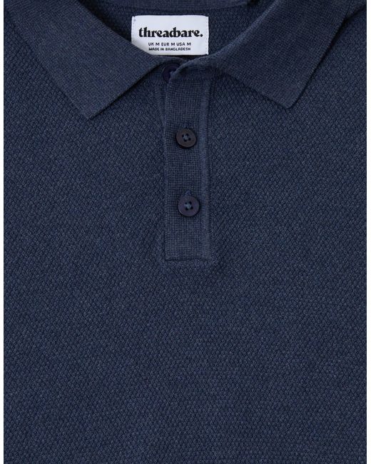 Threadbare Blue Moss Stitch Knitted Polo for men