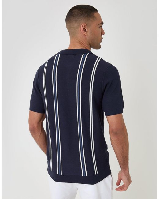 Threadbare Blue Quarter Zip Knitted Polo for men