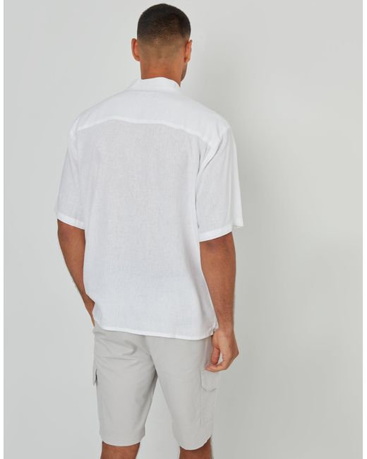 Threadbare White Relaxed Fit Linen Blend Revere Collar Short Sleeve Shirt for men