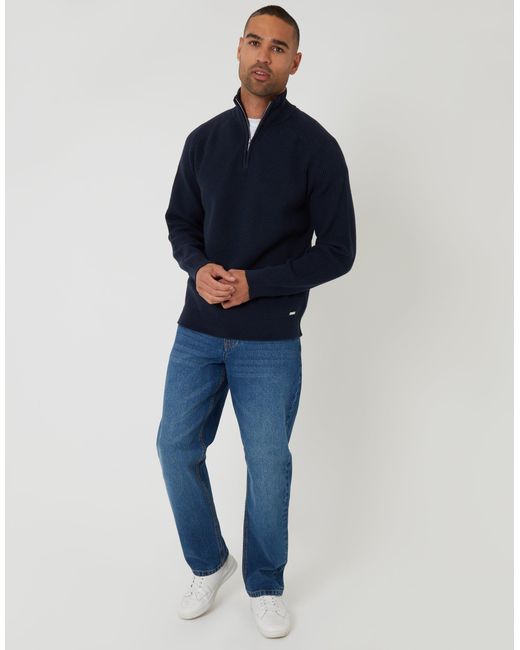 Threadbare Blue Rib Panel Quarter Zip Knitted Jumper for men