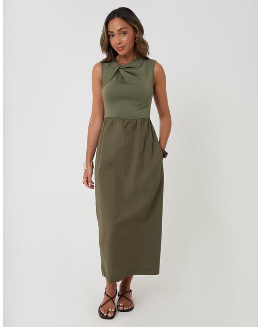 Threadbare Green Twist Detail 2-In-1 Midi Dress With Poplin Skirt