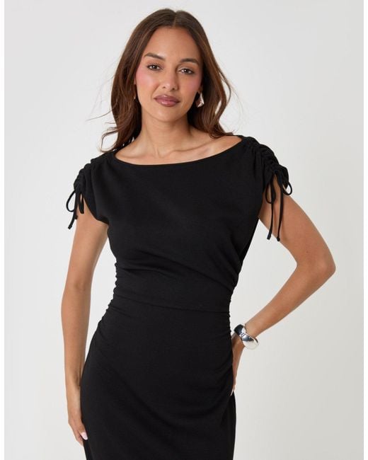 Threadbare Blue Ruched Shoulder Tie Midi Dress