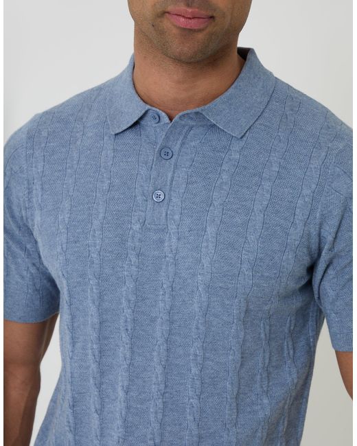 Threadbare Blue Cable Stripe Knitted Button Polo for men