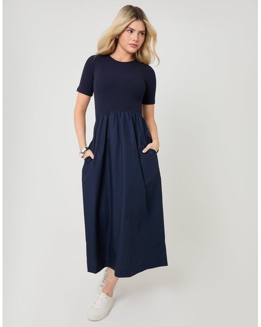 Threadbare Blue 2-In-1 Jersey Poplin Mix Crew Neck Midi Dress