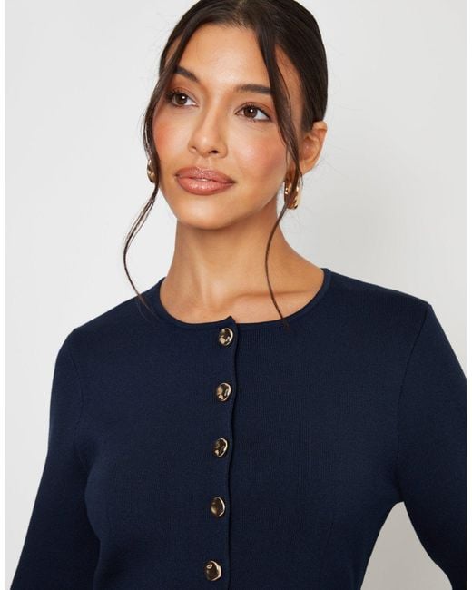 Threadbare Blue Cinched Knitted Button Up Cardigan