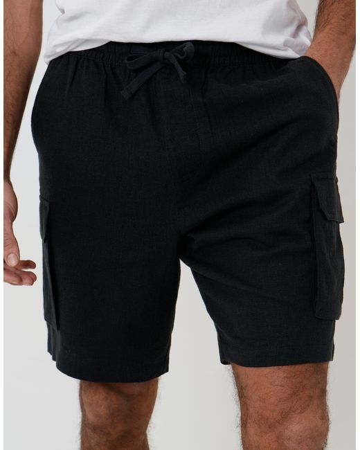 Threadbare Black Linen Blend Cargo Shorts for men