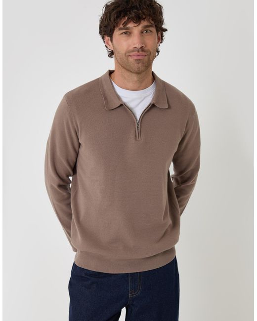 Threadbare Brown Boxy Fit Quarter Zip Polo Sweatshirt for men
