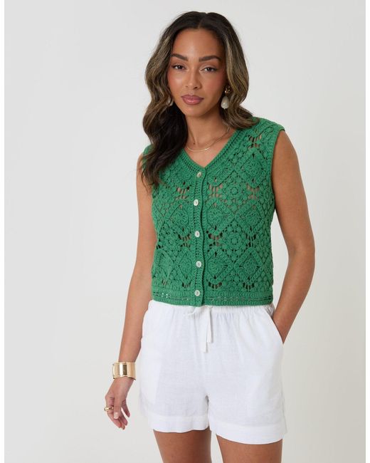 Threadbare Green Pure Cotton Crochet Style Vest