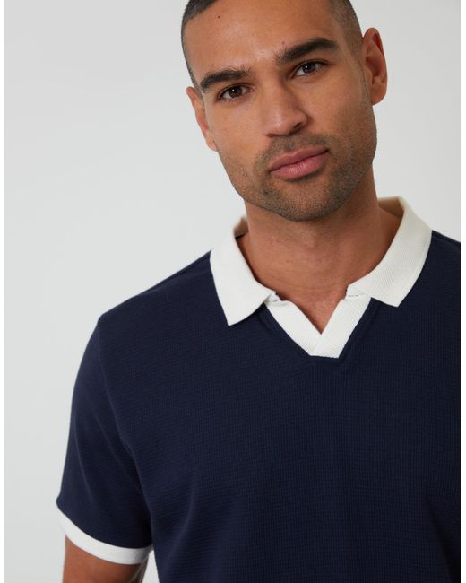 Threadbare Blue Trophy Neck Waffle Polo Shirt for men