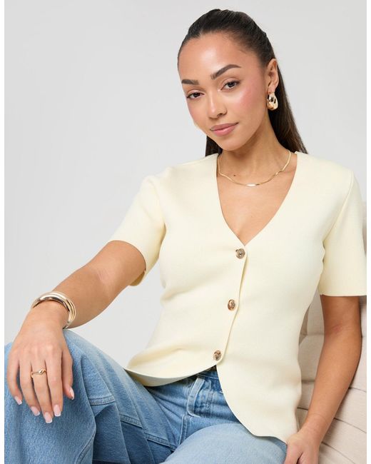 Threadbare Natural V-Neck Compact Knitted Top