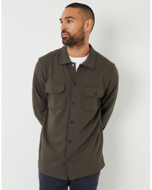 Threadbare Brown Pique Popper Fastening Shacket for men