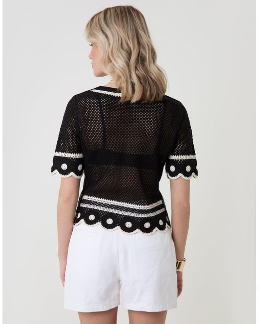 Threadbare Black Crochet Flower Hem Button Up Top