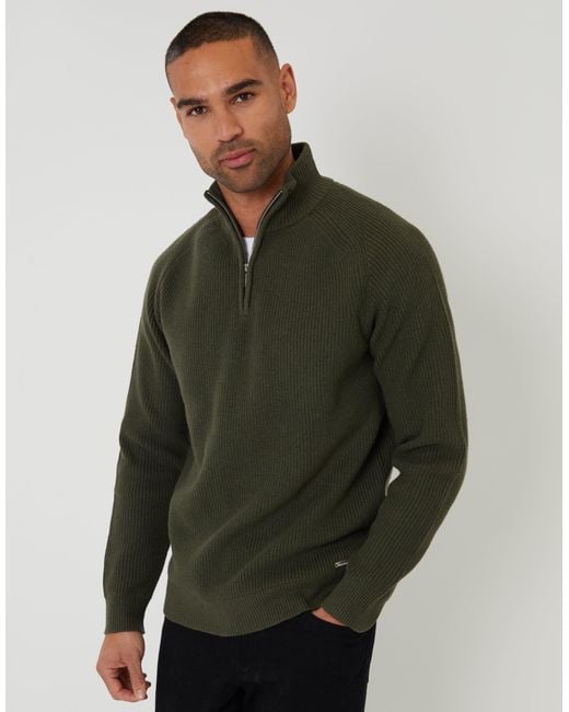 Threadbare Green Rib Panel Quarter Zip Knitted Jumper for men
