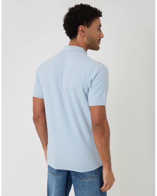 Threadbare Blue Basket Stitch Knitted Polo for men