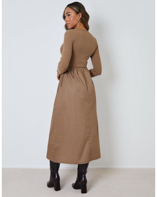 Threadbare Brown Rib Jersey 2-In-1 Midi Dress With Poplin Skirt