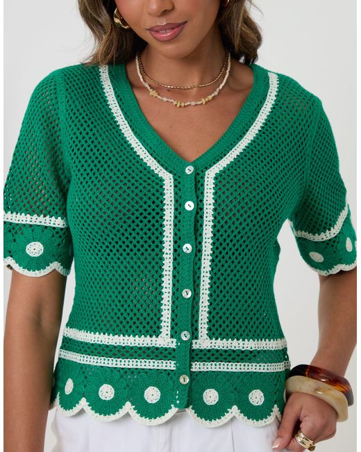 Threadbare Green Crochet Flower Hem Button Up Top