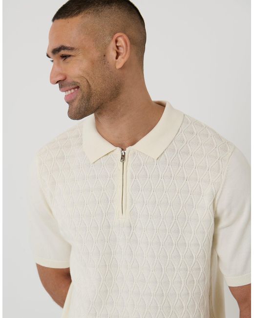 Threadbare White Diamond Cable Knit Quarter Zip Polo for men
