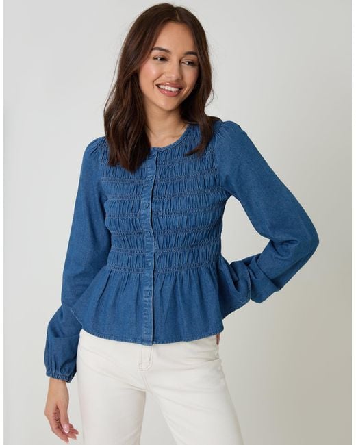 Threadbare Blue Denim Shirred Smock Blouse