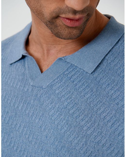 Threadbare Blue Textured Knit Front Trophy Neck Polo for men
