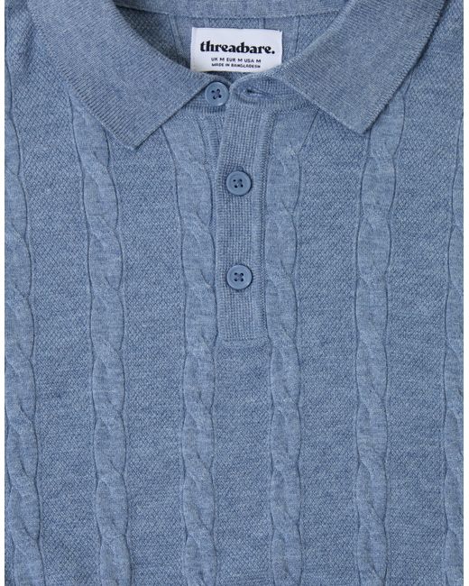 Threadbare Blue Cable Stripe Knitted Button Polo for men