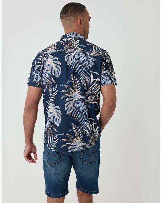 Threadbare Blue Leaf Print Cotton Poplin Short Sleeve Shirt for men