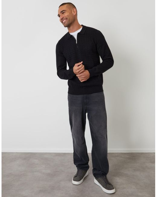 Threadbare Blue Textured Knit Quarter Zip Polo Jumper for men