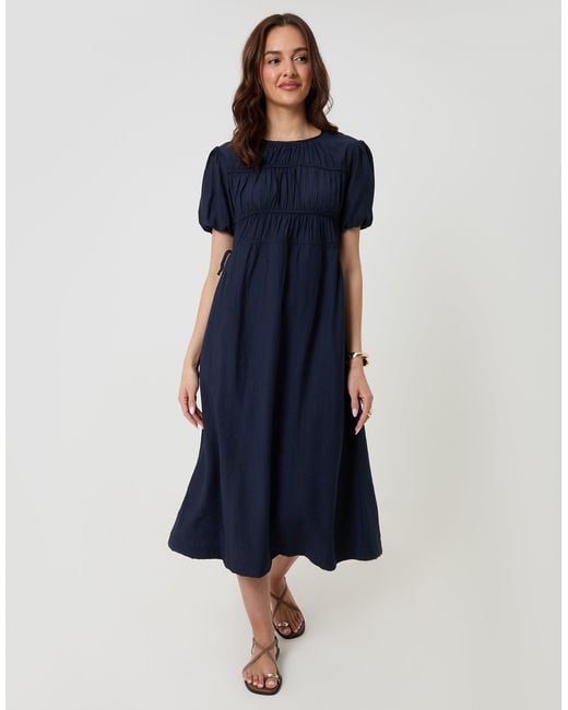 Threadbare Blue Ruched Drawstring Puff Sleeve Midi Dress