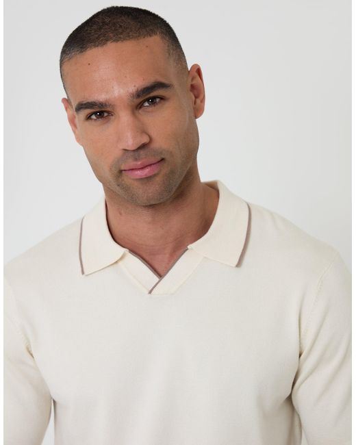 Threadbare White Knitted Contrast Tipping Trophy Neck Polo for men