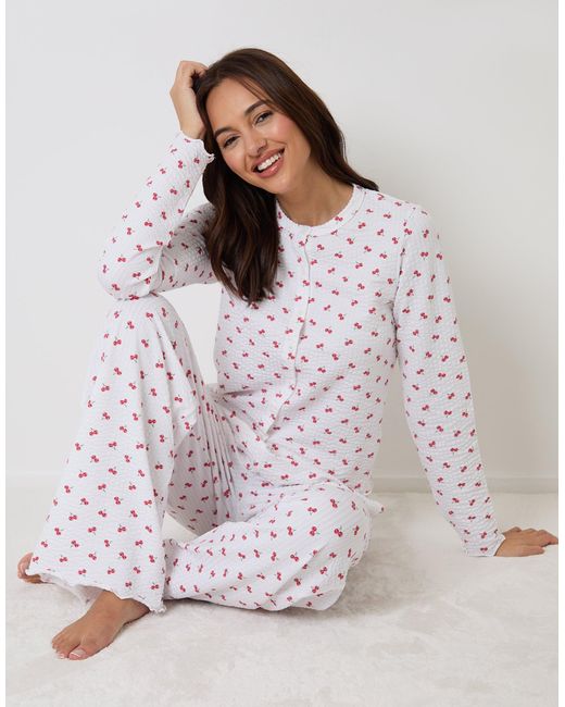 Threadbare Gray Cherry Print Lettuce Hem Pyjama Set