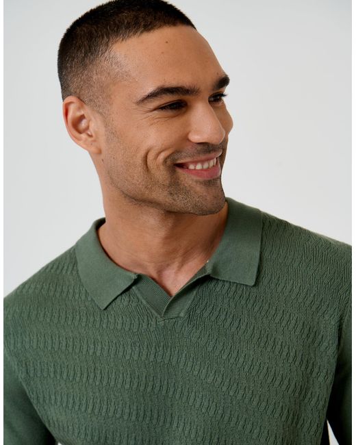 Threadbare Green Textured Knit Front Trophy Neck Polo for men