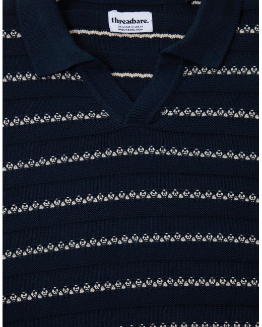 Threadbare Blue Textured Knitted Trophy Neck Polo for men