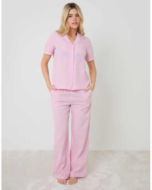 Threadbare Pink Seersucker Button Up Pyjama Set