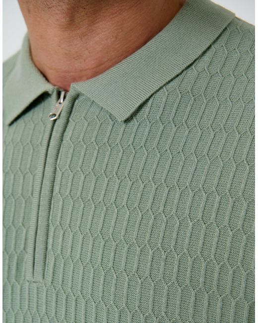 Threadbare Green Textured Knit Quarter Zip Polo for men