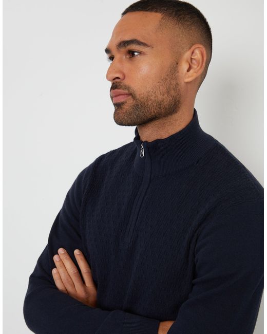 Threadbare Blue Mini Cable Knit Quarter Zip Jumper for men
